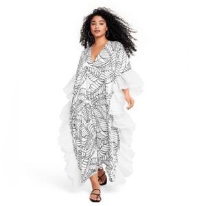 Fe Noel x Target Sketch Palm Leaf Print Ruffle Trim Cover Up Dress Caftan Kaftan